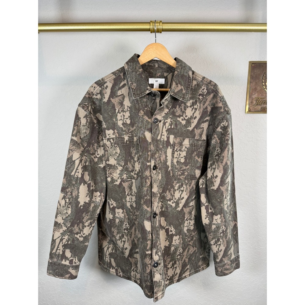 BP Mens Camo Leaf Print Cotton Overshirt Shacket Brown Tan Medium RN58665